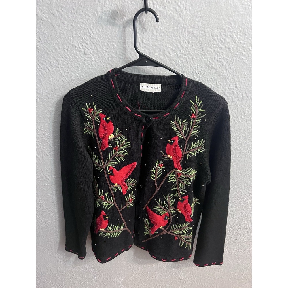 Vintage White Stag Black Sequin Cardinal Cardigan Sweater Size See